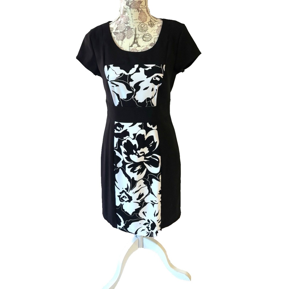 Vintage Dressbarn Black White Floral Sheath Dress Sz 6 Short Sleeve Stretch